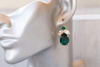 EMERALD DROP EARRINGS, Dark Green Wedding Earrings, Crystal Green Earrings, Leverback Formal Earrings For Woman Gift, Christmas Bridal Gift