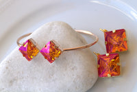 ORANGE PINK EARRINGS, Astral Pink Earrings, Square Drop Earrings, Orange Gold Earrings, Daily Jewelry For Her, Hot Orange Fuchsia Earrings