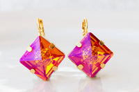 ORANGE PINK EARRINGS, Astral Pink Earrings, Square Drop Earrings, Orange Gold Earrings, Daily Jewelry For Her, Hot Orange Fuchsia Earrings