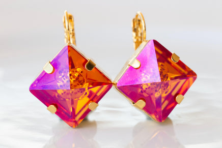 ORANGE PINK EARRINGS, Astral Pink Earrings, Square Drop Earrings, Orange Gold Earrings, Daily Jewelry For Her, Hot Orange Fuchsia Earrings