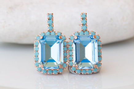 AQUAMARINE BLUE EARRINGS, Bridal Stud Earrings,Light Blue Earrings, Bridal Shower Turquoise Earrings, Bridesmaid Earrings,Turquoise And Gold