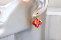 ORANGE PINK EARRINGS, Astral Pink Earrings, Square Drop Earrings, Orange Gold Earrings, Daily Jewelry For Her, Hot Orange Fuchsia Earrings