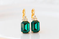 EMERALD GREEN Crystal Earrings, Dark Green Geometric Rectangle Earrings, Emerald Crystal Drop Earrings, Bridal Drop Minimalist Earrings Gift