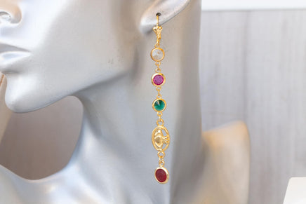 PINK GREEN RED Earrings, Fuchsia Emerald Ruby Crystals Long Earrings, Colorful Dangle Earrings, Bridal Multicolor And Gold Drop earrings