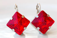 RED EARRINGS, Red Ruby Crystals Earrings, Square Drop Earrings, Art Deco Red Jewelry, Christmas Jewelry Gift For Her, Simple Red Earrings