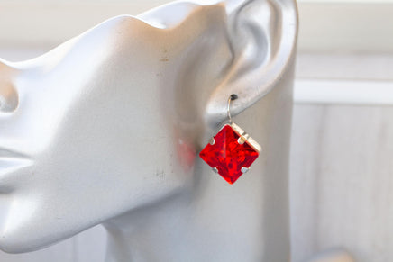 RED EARRINGS, Red Ruby Crystals Earrings, Square Drop Earrings, Art Deco Red Jewelry, Christmas Jewelry Gift For Her, Simple Red Earrings