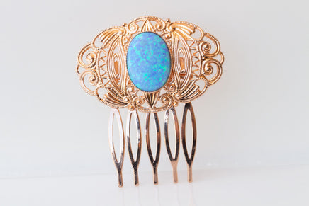 BLUE OPAL HAIR Comb,Bridal Hair Lace Comb, Rose Gold Hair Comb, Blue Filigree Accessories ,Turquoise Wedding Hair Piece,Vintage Hair Comb