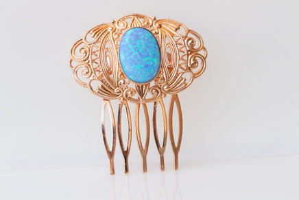 BLUE OPAL HAIR Comb,Bridal Hair Lace Comb, Rose Gold Hair Comb, Blue Filigree Accessories ,Turquoise Wedding Hair Piece,Vintage Hair Comb