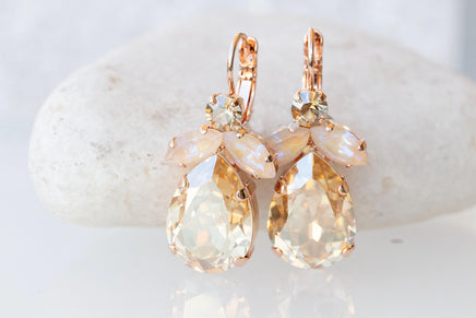 CHAMPAGNE DROP EARRINGS, Rose Gold Wedding Earrings, Ivory Nude Earrings, Leverback Formal Earrings For Brides Gift, Christmas Bridal Gift