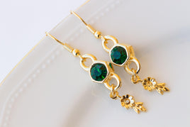 EMERALD EARRINGS, Green earrings, Dark Green gold earrings, Green Dangle earrings, Women's earrings, Leaves crystal earrings, Gift For Her