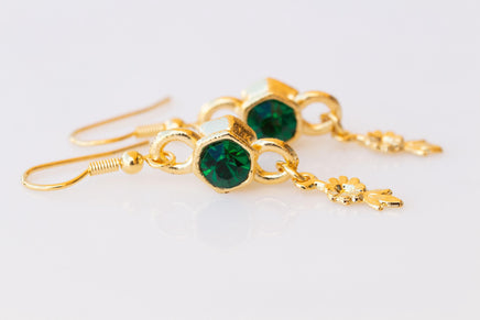 EMERALD EARRINGS, Green earrings, Dark Green gold earrings, Green Dangle earrings, Women's earrings, Leaves crystal earrings, Gift For Her