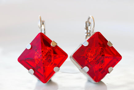 RED EARRINGS, Red Ruby Crystals Earrings, Square Drop Earrings, Art Deco Red Jewelry, Christmas Jewelry Gift For Her, Simple Red Earrings