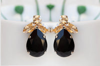 BLACK GOLD EARRINGS, Jet Black Evening Large Stud Earrings, Black Dresses Earrings, Mother Of The Bride Vintage Earrings,Black And Champagne