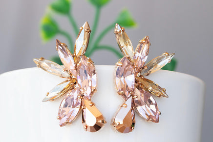 BLUSH PINK EARRINGS, Light Pink Statement earrings, Morganite Crystals Bridal earrings, Champagne earrings, Wedding Vintage Cluster Earrings