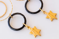 Star of David Earrings, Onyx Hoops Jewelry, Black and Gold Earrings, Dangle Earrings, Jewish Earrings, Long Earring, Flag of Israel Earrings