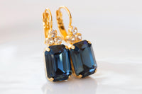 BLUE NAVY Crystal Earrings, Blue Topaz Gold Geometric Rectangle Earrings, Classic Dark Blue Drop Earrings, Bridal Minimalist Earrings Gift