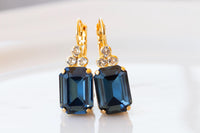 BLUE NAVY Crystal Earrings, Blue Topaz Gold Geometric Rectangle Earrings, Classic Dark Blue Drop Earrings, Bridal Minimalist Earrings Gift