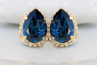 NAVY BLUE Clip on Earrings, Blue Topaz Wedding Non Pierced Earrings, Dark Blue Teardrop Earrings, Elegant Clip ons Studs, Bridesmaid Clip on