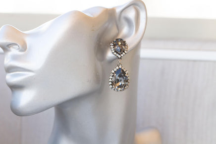 Smokey Grey Chandelier Earrings, Black Diamond Crystal Long Earrings, Teardrop earrings, Oxidized Antique Silver Night Stud drop earrings