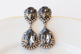 Smokey Grey Chandelier Earrings, Black Diamond Crystal Long Earrings, Teardrop earrings, Oxidized Antique Silver Night Stud drop earrings