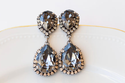 Smokey Grey Chandelier Earrings, Black Diamond Crystal Long Earrings, Teardrop earrings, Oxidized Antique Silver Night Stud drop earrings