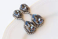 Smokey Grey Chandelier Earrings, Black Diamond Crystal Long Earrings, Teardrop earrings, Oxidized Antique Silver Night Stud drop earrings