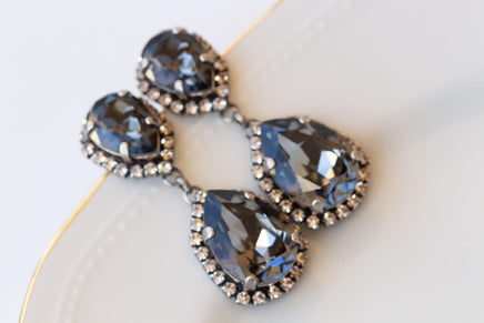 Smokey Grey Chandelier Earrings, Black Diamond Crystal Long Earrings, Teardrop earrings, Oxidized Antique Silver Night Stud drop earrings