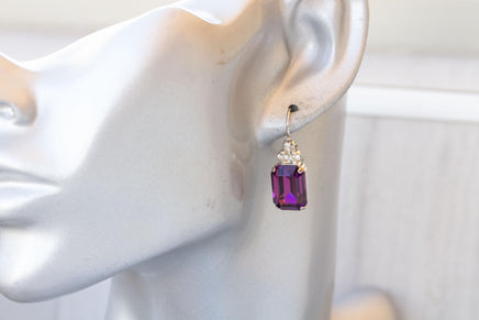 PURPLE Crystal Earrings, Purple Amethyst Rectangle Earrings, Classic Dark Purple Crystal Drop Earrings, Bridal Plum Minimalist Earrings Gift