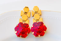 RED GOLD EARRINGS, Red Ruby Crystals Earrings, Drop Long Earrings, Woman Earrings, Evening Jewelry For Her, Christmas Earrings For Wife Gift