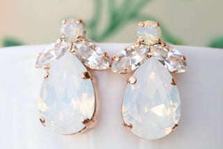 OPAL CRYSTALS EARRINGS, White Opal Evening Bridal Stud Earrings, Wedding Dresses Earrings, White Milk Vintage Style Earrings For Brides Gift
