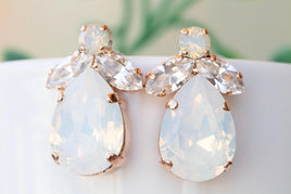 OPAL CRYSTALS EARRINGS, White Opal Evening Bridal Stud Earrings, Wedding Dresses Earrings, White Milk Vintage Style Earrings For Brides Gift