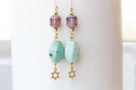 Star of David Gold Earrings, Blue Turquoise Star Long Earrings, Kabbalah Earrings, Jewish Jewelry, Israel Jewelry,David Star Dangle Earrings