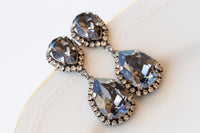 Smokey Grey Chandelier Earrings, Black Diamond Crystal Long Earrings, Teardrop earrings, Oxidized Antique Silver Night Stud drop earrings