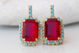 RED TURQUOISE EARRINGS, Red Ruby Crystals Dainty Earrings, Jewelry For Red Evening Dress, Blue And Red Earrings, Small Red Stud Earrings