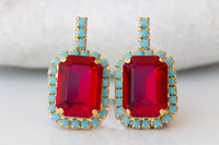 RED TURQUOISE EARRINGS, Red Ruby Crystals Dainty Earrings, Jewelry For Red Evening Dress, Blue And Red Earrings, Small Red Stud Earrings