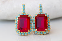 RED TURQUOISE EARRINGS, Red Ruby Crystals Dainty Earrings, Jewelry For Red Evening Dress, Blue And Red Earrings, Small Red Stud Earrings