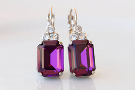 PURPLE Crystal Earrings, Purple Amethyst Rectangle Earrings, Classic Dark Purple Crystal Drop Earrings, Bridal Plum Minimalist Earrings Gift