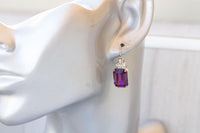 PURPLE Crystal Earrings, Purple Amethyst Rectangle Earrings, Classic Dark Purple Crystal Drop Earrings, Bridal Plum Minimalist Earrings Gift