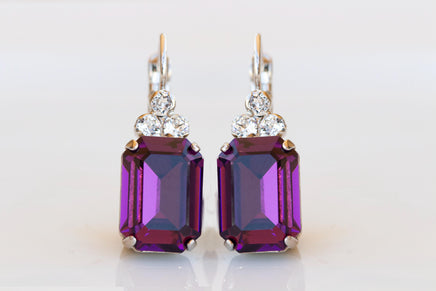 PURPLE Crystal Earrings, Purple Amethyst Rectangle Earrings, Classic Dark Purple Crystal Drop Earrings, Bridal Plum Minimalist Earrings Gift