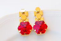 RED GOLD EARRINGS, Red Ruby Crystals Earrings, Drop Long Earrings, Woman Earrings, Evening Jewelry For Her, Christmas Earrings For Wife Gift