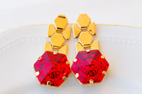 RED GOLD EARRINGS, Red Ruby Crystals Earrings, Drop Long Earrings, Woman Earrings, Evening Jewelry For Her, Christmas Earrings For Wife Gift