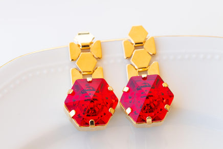 RED GOLD EARRINGS, Red Ruby Crystals Earrings, Drop Long Earrings, Woman Earrings, Evening Jewelry For Her, Christmas Earrings For Wife Gift
