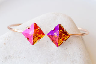 ORANGE PINK BRACELET, Astral Pink Bracelet, Square Orange Jewelry Set, Orange Gold Earrings, Jewelry For Her, Hot Orange Fuchsia Earrings