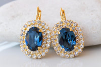 NAVY BLUE EARRINGS, Bridesmaid Earrings Gift, Dark Blue And Crystal Earrings, Fashion Jewelry, Blue Topaz Bridal Drop Earrings, Oval Earring