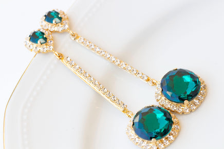 EMERALD EARRINGS, Bridesmaid Gift, Leverback Earrings, Crystal Woman Earrings, Green Gold Bridal Earrings, Vintage Unique Earrings