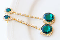 EMERALD EARRINGS, Bridesmaid Gift, Leverback Earrings, Crystal Woman Earrings, Green Gold Bridal Earrings, Vintage Unique Earrings