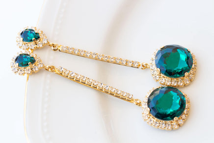 EMERALD EARRINGS, Bridesmaid Gift, Leverback Earrings, Crystal Woman Earrings, Green Gold Bridal Earrings, Vintage Unique Earrings