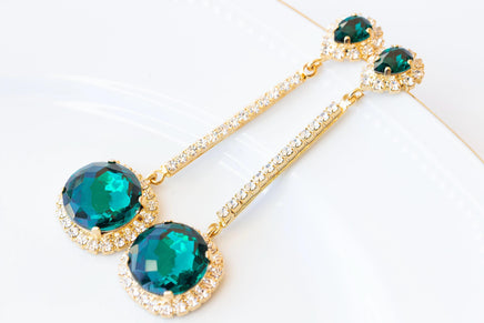 EMERALD EARRINGS, Bridesmaid Gift, Leverback Earrings, Crystal Woman Earrings, Green Gold Bridal Earrings, Vintage Unique Earrings
