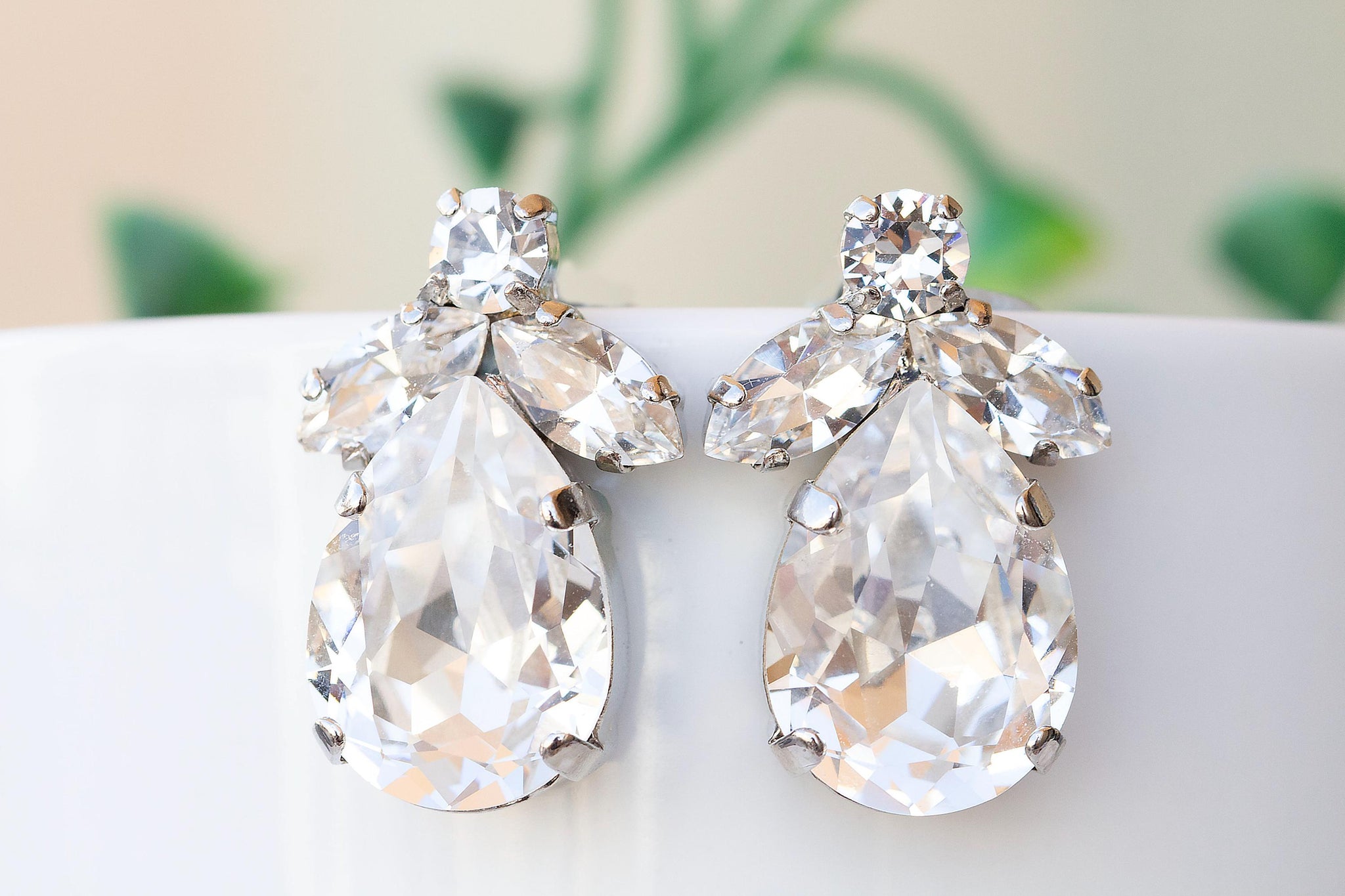 Wedding Bridal Earrings - Clear Crystal Teardrop Silver Dangle Earrings For Bride & Bridesmaids
