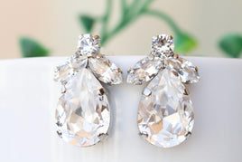 Crystal Bridal Earrings, Silver Wedding Earrings, Bridesmaid Earrings Gift, Vintage Style Earrings,Stud Teardrop Earrings,Clear White Studs